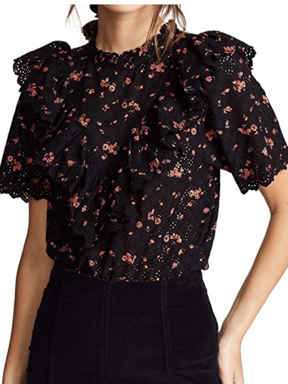 Ulla Johnson Choux Eyelet Blouse Ruffled Noir Floral Romantic size 6